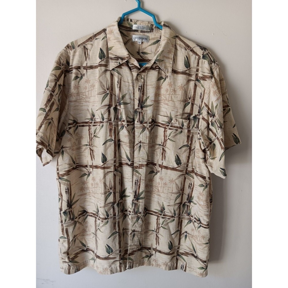 Ron Chereskin Hawaiian Shirt Washable Silk Tan Bamboo Design Size XL